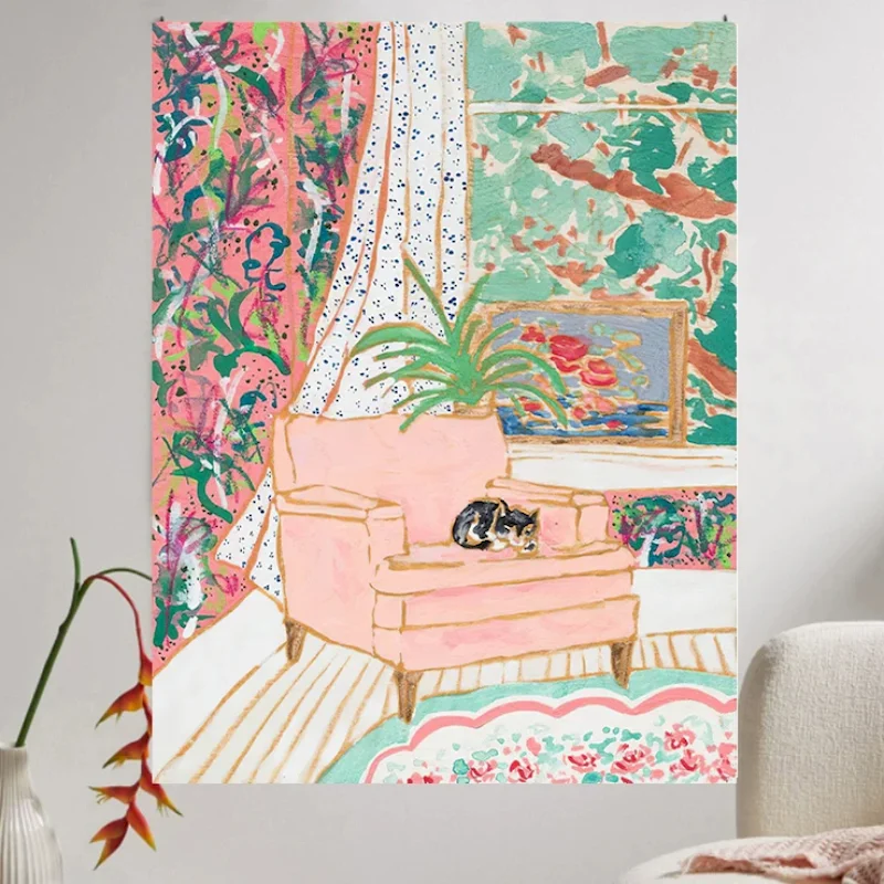 VIKAMA Matisse Tapestry Wall Hanging Pink Armchair Sleeping Cat Window Flower Oil Painting Aesthetic Dorm Decor
