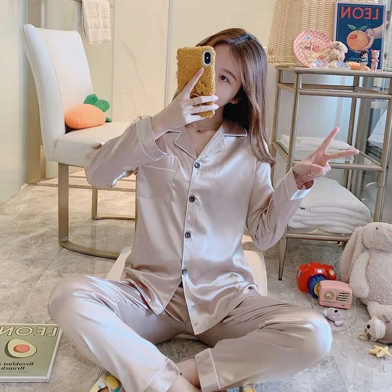 2023 new Spring Autumn Ice Silk Pajamas Women's Thin Long-sleeved Couples' Loungewear Men's Loose Large-size Sleepwear Suits