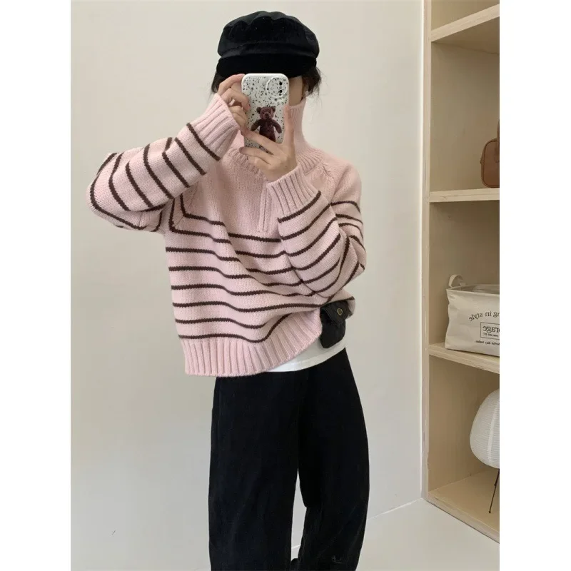 Women Fashion Mock Neck Striped Sweater Pullovers Lantern Sleeve Loose Casual Jumpers New Chic Autumn Winter Knit Shirts Sweater