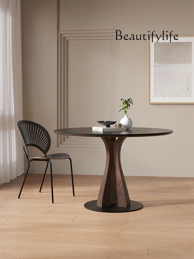 Solid Wood round Dining Table Home Retro Silent Style Simple Black Walnut Colorful Rock Plate round Table