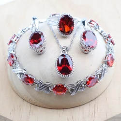925 Silver Bridal Jewelry Sets Red Zirconia For Women Wedding Necklace Earrings Rings Bracelets Pendant