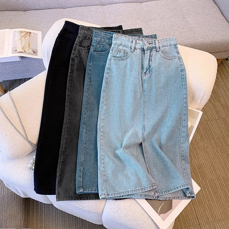 

Женская джинсовая юбка А-силуэта с высокой талией 2026: Премиум-класс, винтажный стиль, с разрезом, облегающая, средней длины, летняя, модная