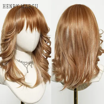 HENRY MARGU Altın Yaki Sentetik Peruk kahküllü Karışık Sarışın Peruk Orta Uzunlukta Saç Isıya Dayanıklı Kadın Günlük Fiber Peruk Parti