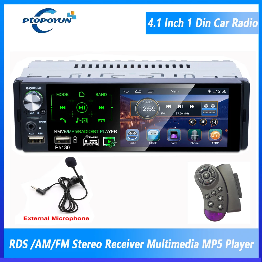 Ptopoyun-Rádio do carro com tela sensível ao toque, multimídia automotiva, MP5 Player, FM Stereo Music, AM, RDS, USB, SD com microfone, 1 din, 4,1\