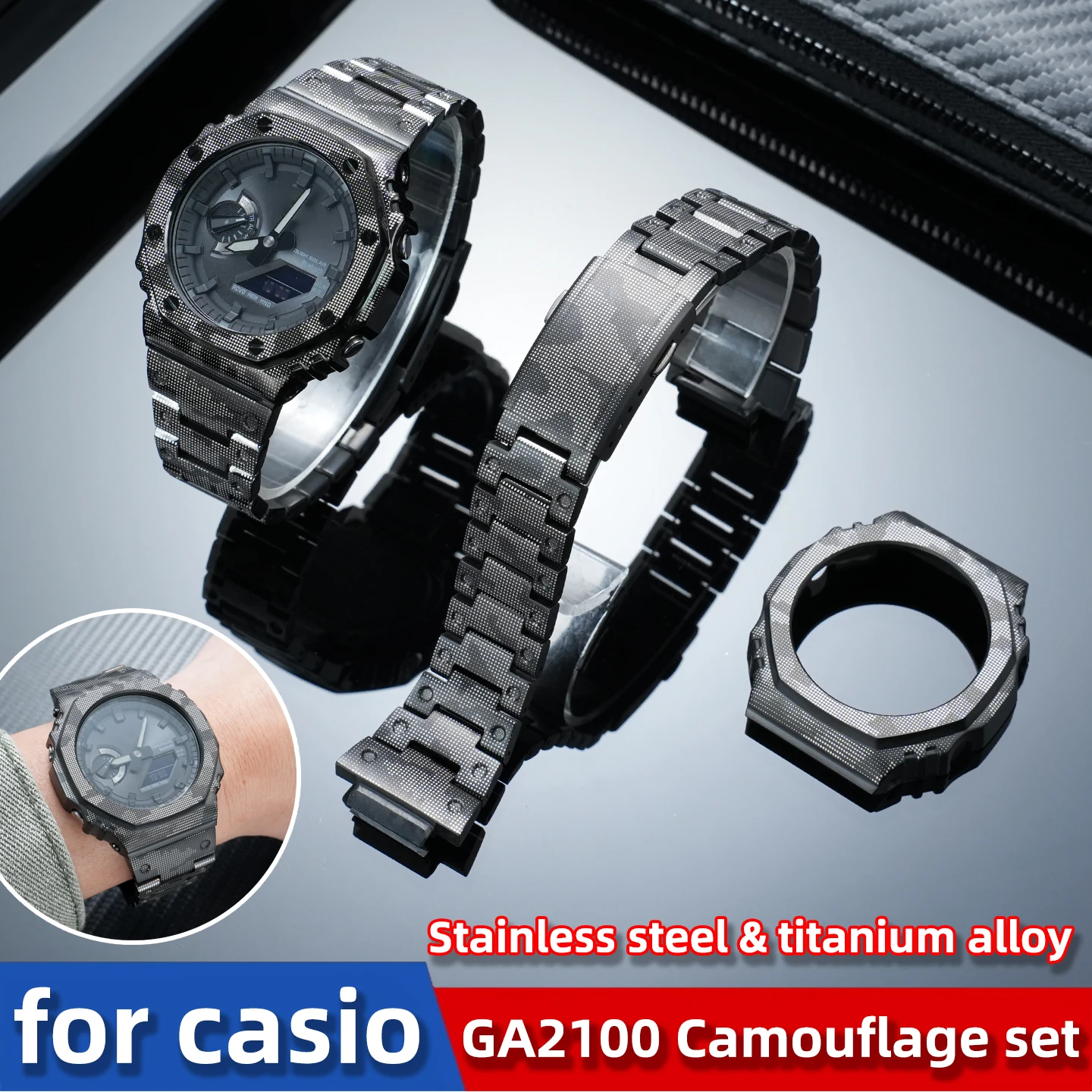 チタン合金ga2100ステンレススチール迷彩柄腕時計ケース＆ストラップセット（カシオga-b2100-ga2110用）、金属交換バンドベゼル