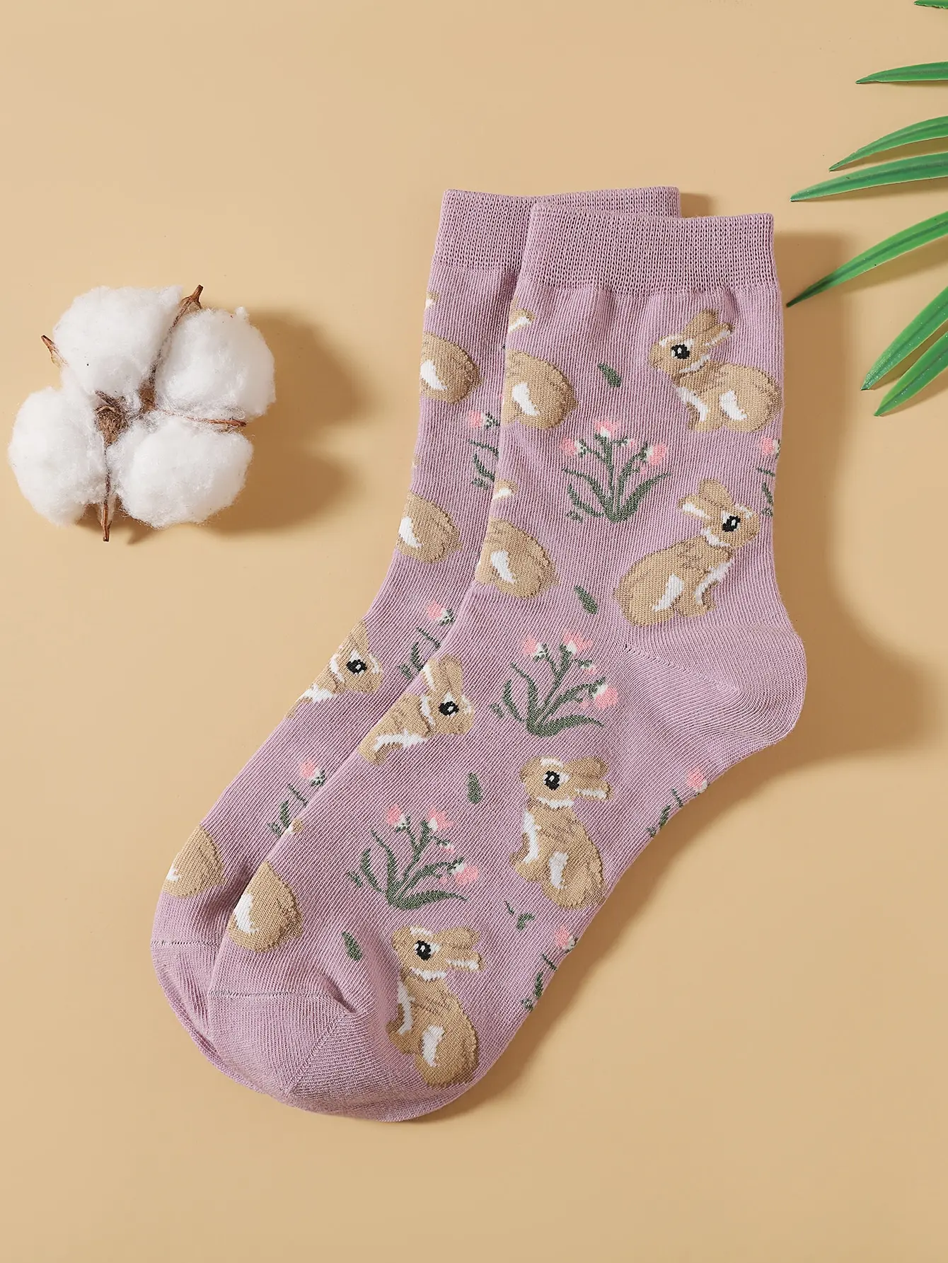 5 Pairs Women Crew Socks Cute Rabbit Floral Print Soft Cotton Purple Casual Ladies Daily Socks Set