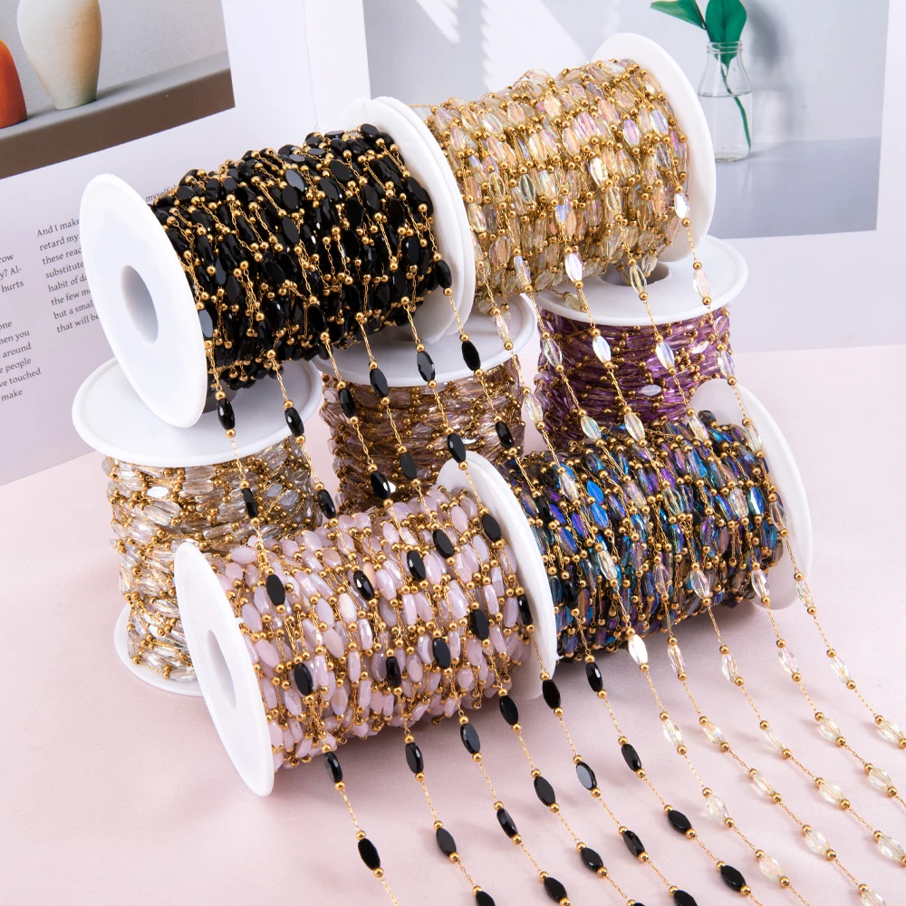 New 1M2M Natural Stone Rhombus Bead Stainless Steel Colorful Crystal Beads Chains DIY Necklace Bracelet Jewelry Making Wholesale