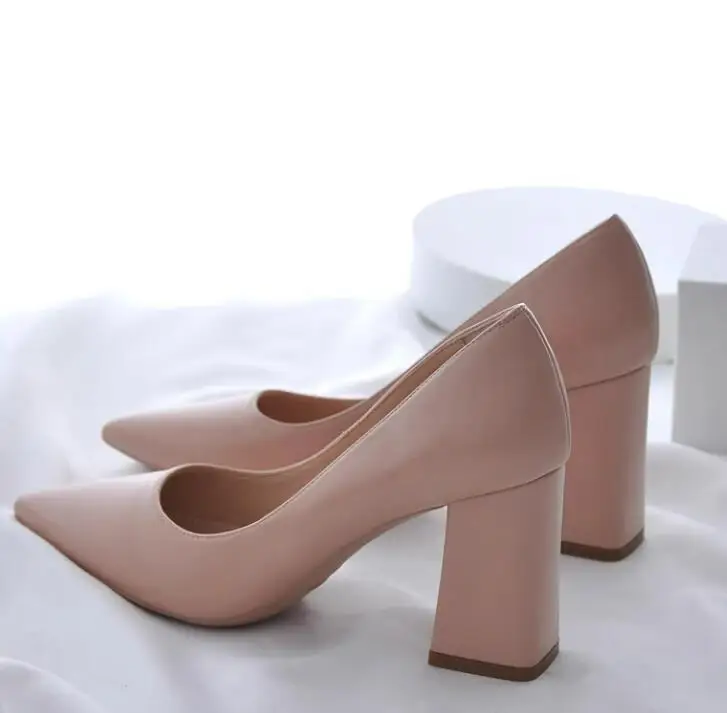 

Black Pink Apricot Matte Leather Square Heels Pumps Pointed Toe Chunky High Heels Slip On Banquet Shoes Woman Zapatos