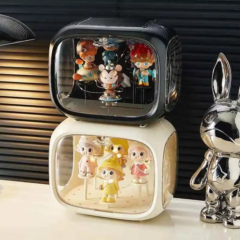 Acrylic Toy Figure Display Case Storage Box with Light Desktop Showcase Plastic Spacecraft Cartoon Storage Organizer