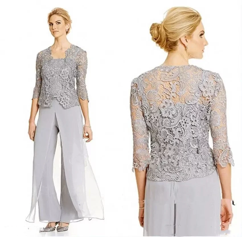 

Elegant Lace Mother Of The Bride Pants Suits With Jacket Chiffon Wedding Party Gowns Plus Size Groom Mothers Formal Wear