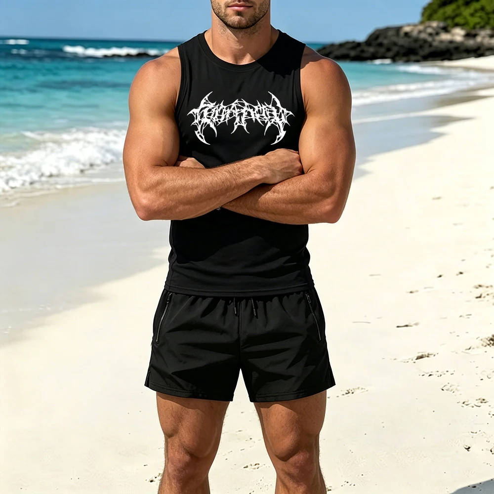 

Men Gothic Metal Font Print Compression Sleeveless Tank Top Quick Dry Double Zipper Pocket Shorts 2 Piece Workout Training Set