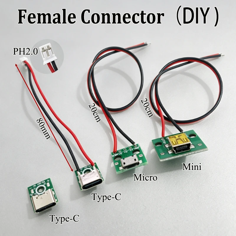 2PCS Type-C/Micro/Mini USB Female Terminal Block PD Fast Charging PH2.0 2P Terminal Wire For DIY Electronics Model Modification
