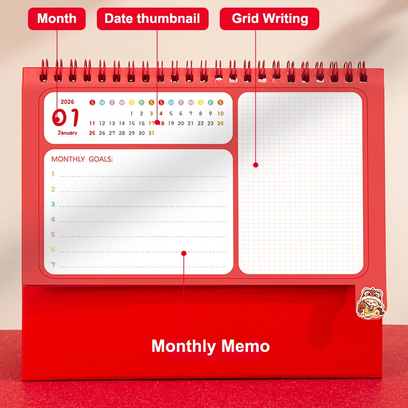 

[K]2026 Horse Panda Pattern Desk Calendar Coil Binding Horse Year Calendar Cartoon Month Date Display Monthly Planner