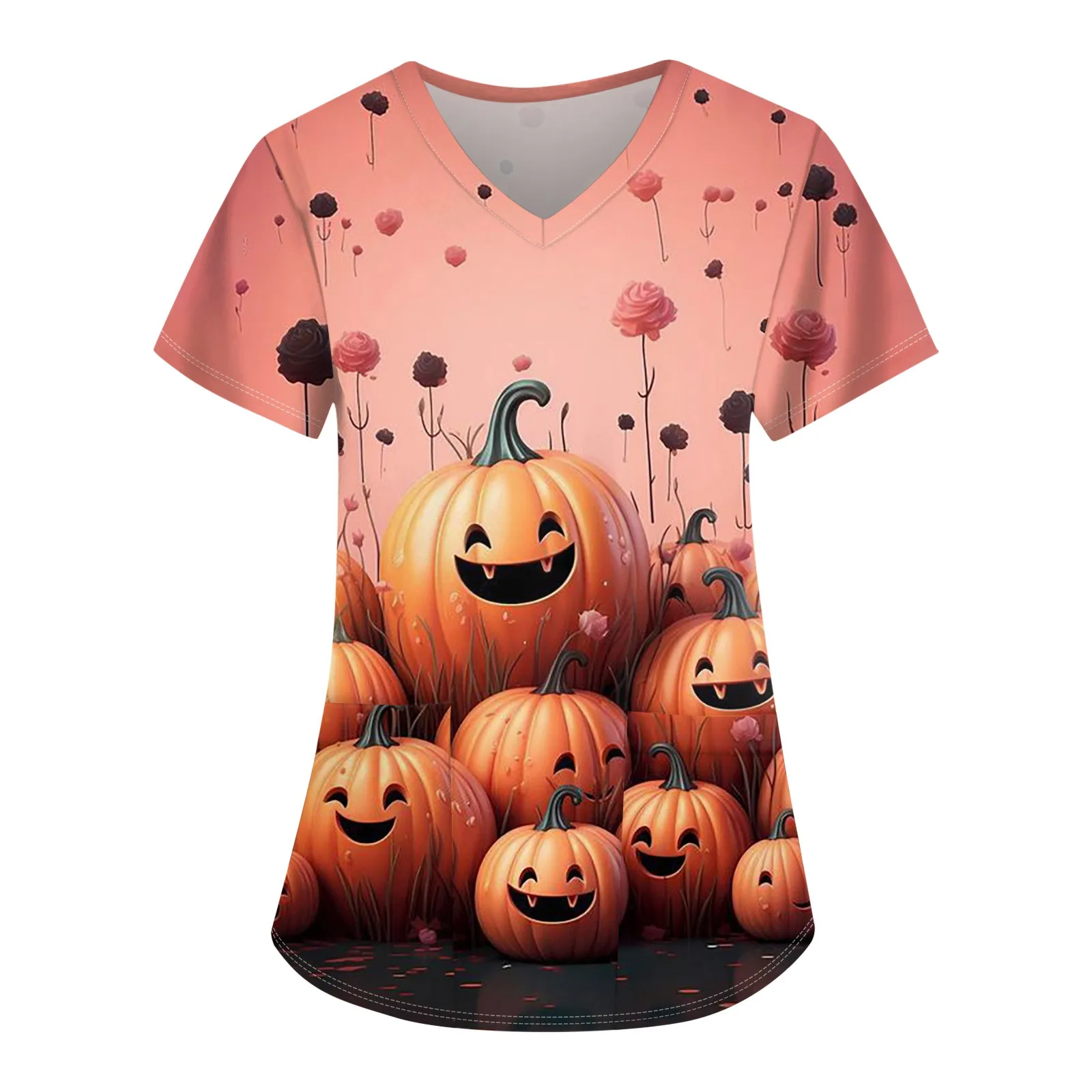 

Women Tops Halloween Print V-Neck Blouse Short Sleeve Scrub Uniform Nurse Uniform T-Shirts Pocket Medical Tunic Carers Workwear