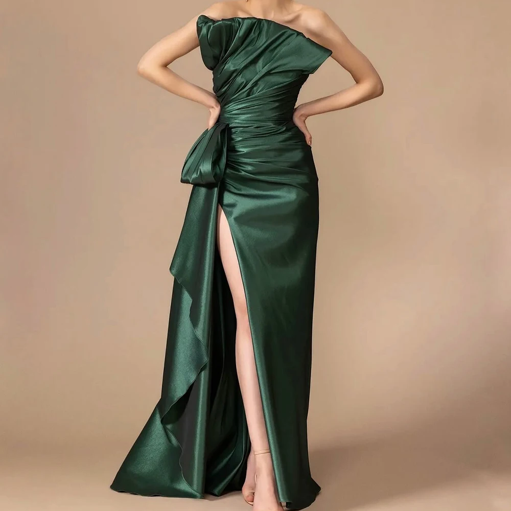 Customized Temperament Satin Green Evening Dresses Modern Straight Floor Length Strapless Sleeveless Bespoke Occasion Gowns