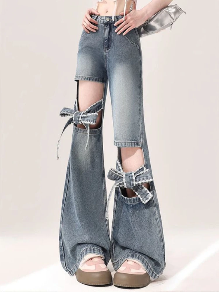 ADAgirl Hole Denim Flared Pants Women Y2k Chic Bows Hollow Out High Waist Kpop Wide Leg Boot Cut Jeans Streetwear Causal Bottoms