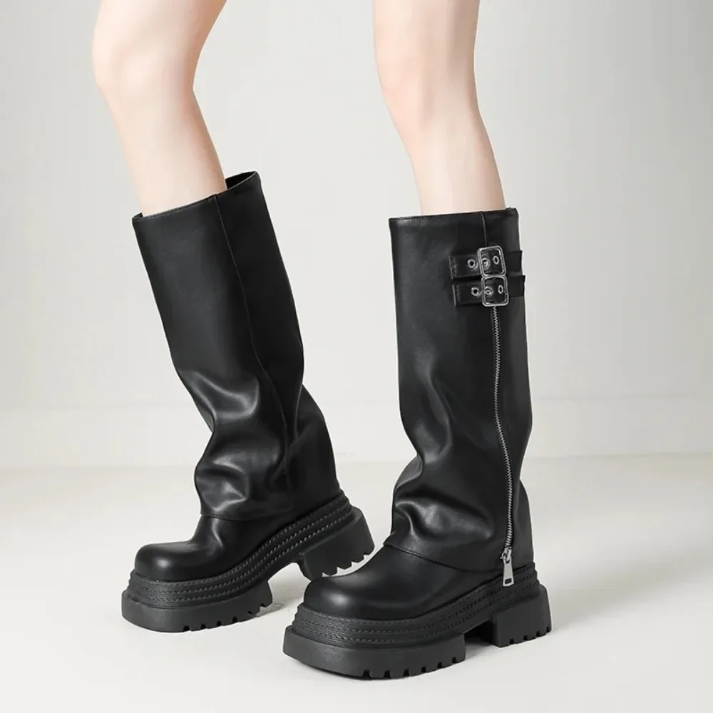 

Женские ботинки, роскошные женские зимние теплые плиссированные дизайнерские ковбойские сапоги до середины икры на массивном каблуке в стиле панк, готики, 2-1