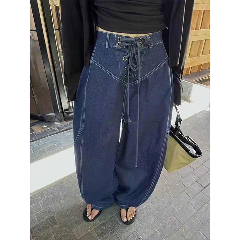 Blue Jeans for Women High Waist American Wide Leg Pants Y2K Vintage Straight Baggy Denim Trousers 2025 Autumn Oversize Pants