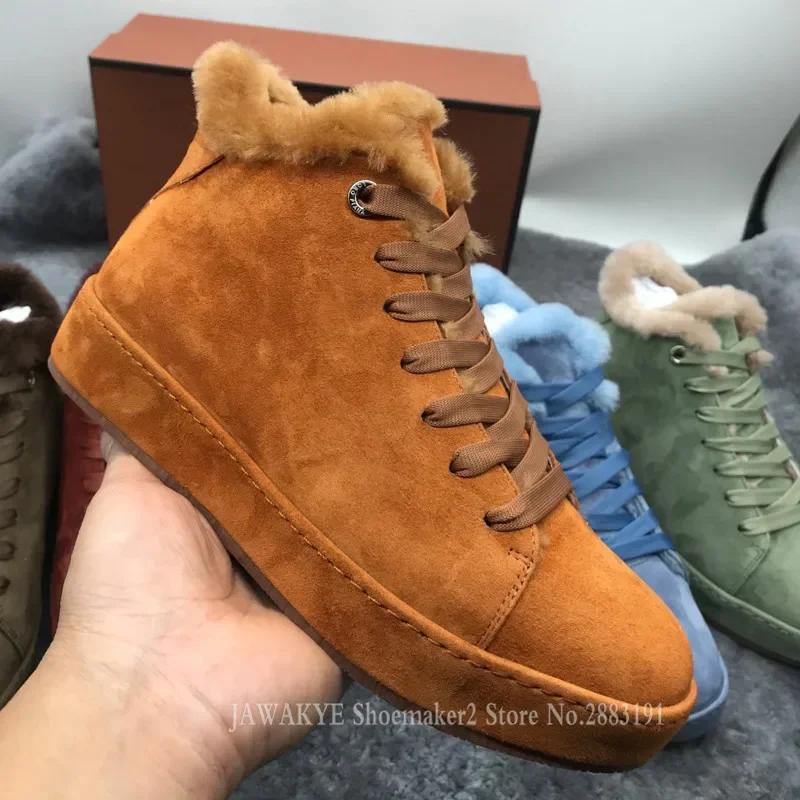 New Winter Wool Sneakers Women Lace Up Heightened Shoes Suede High Top Outdoor Vulcanized Shoes Flat Platform Furry Shoes