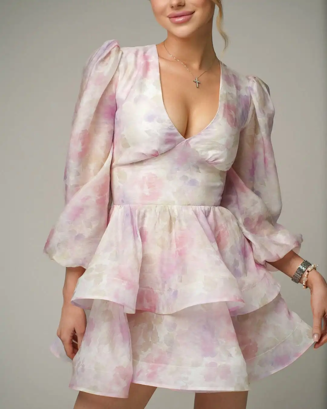 MD Elegant Floral Printed High Waist Mini Prom Gown  Flare Long Sleeve V Neck Tiered  Pleat Cocktail Dress 2025 Customsied