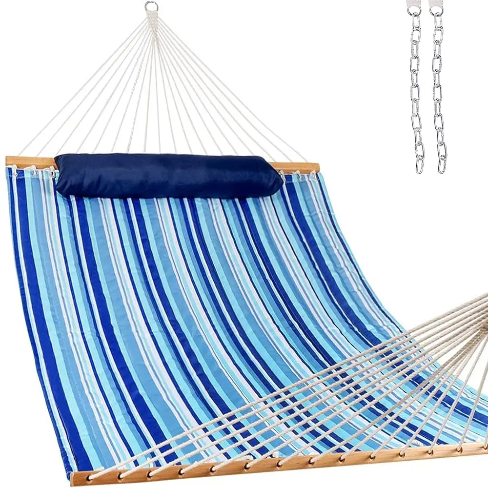 

12 Ft Quilted Fabric Double Hammo With Spreader Bars And Detachable Pillow, 450 Lbs Weight Acity, Mixed Blue Stripes