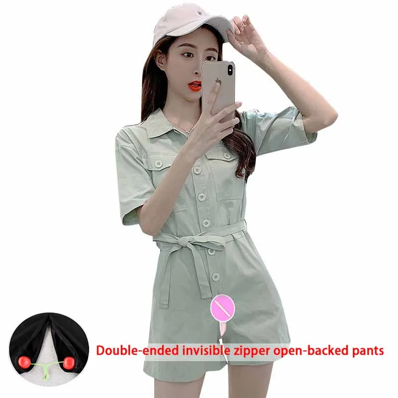 2022 Summer Jumpsuit Women's Invisible Open Crotch Outdoor Convenient Pant Cotton Slim Fit Sport Overalls Short-Sleeved Jumpsuit