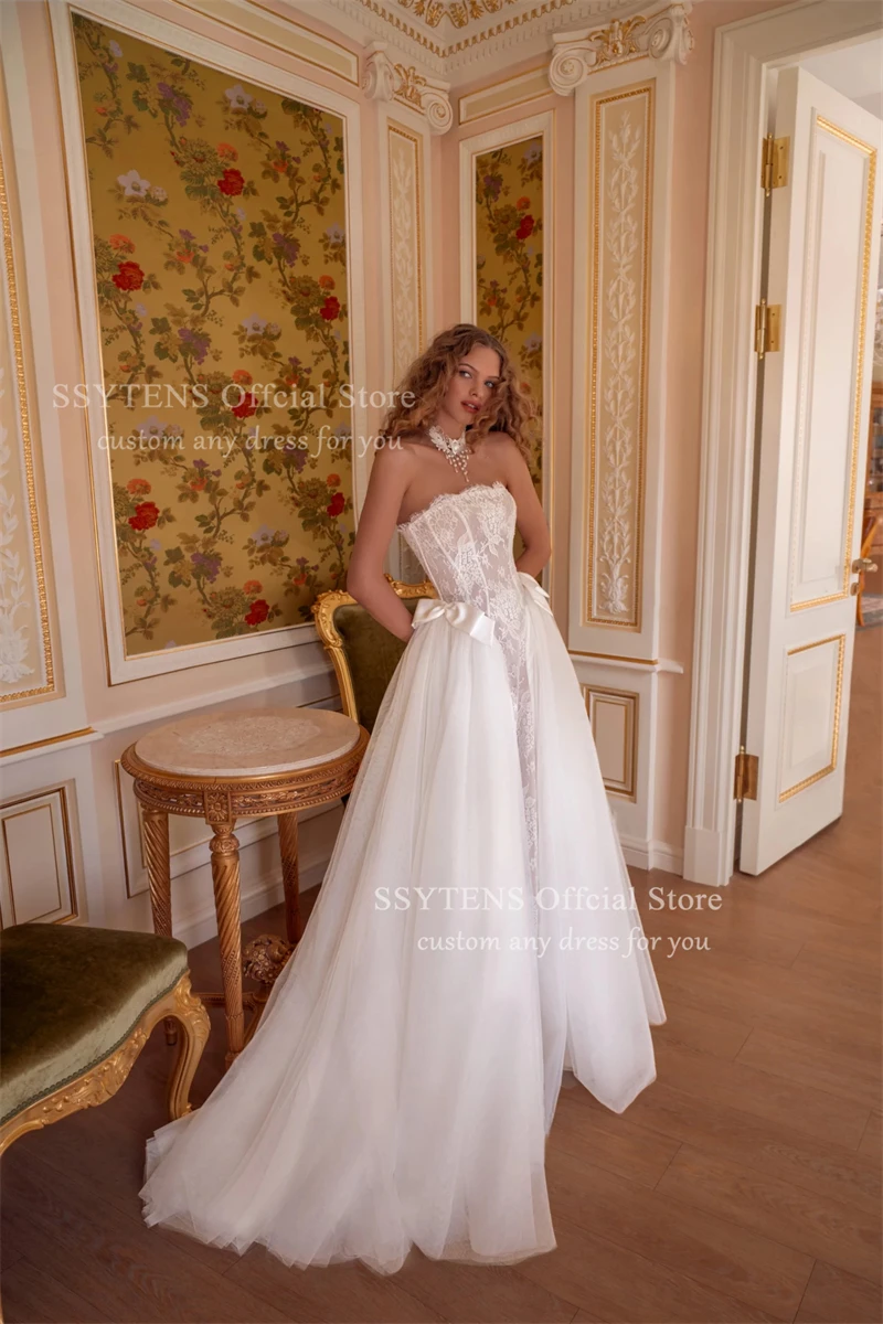 فساتين زفاف SSYTENS المصنوعة من الدانتيل بدون حمالات، مزينة بفيونكة بيضاء، أنيقة للأميرة، فساتين زفاف رسمية طويلة لعام 2026 #4