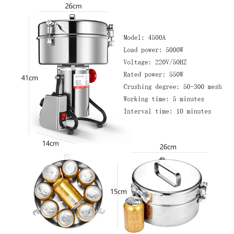 4500G Commercial Grain Grinder High Speed 4500W Cereals Medicinal Materials Spices Powder Crusher Stainless Steel Coffee Grinder