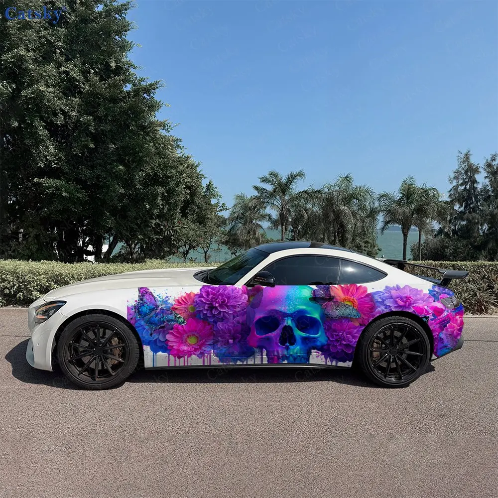 2pcs Drip Paint Skull Clustered Flowers Car Side Wraps, Self-Adhesive PVC Waterproof & Scratch-Resistant Stickers, Car Accessory
