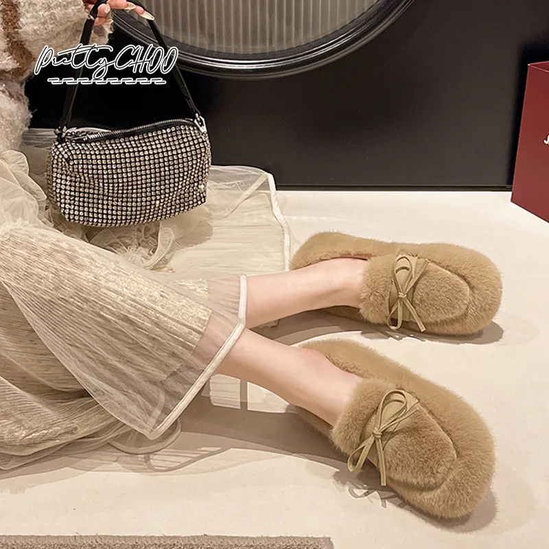 Ivory Fur Ballet Flats Woman Bowknot Design Fluffy Moccasin Shoes Ladies Winter Warm Plush Round Toe Flat Leopard Loafers