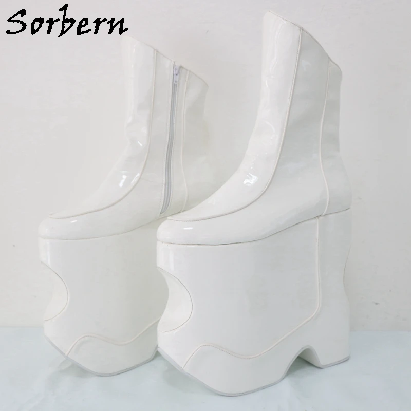 

Sorbern White Drag Queen Ankle Boots Women Fetish Style Wedges Cosplay Crossdresser Shoes Short Booties Thick Platform Custom