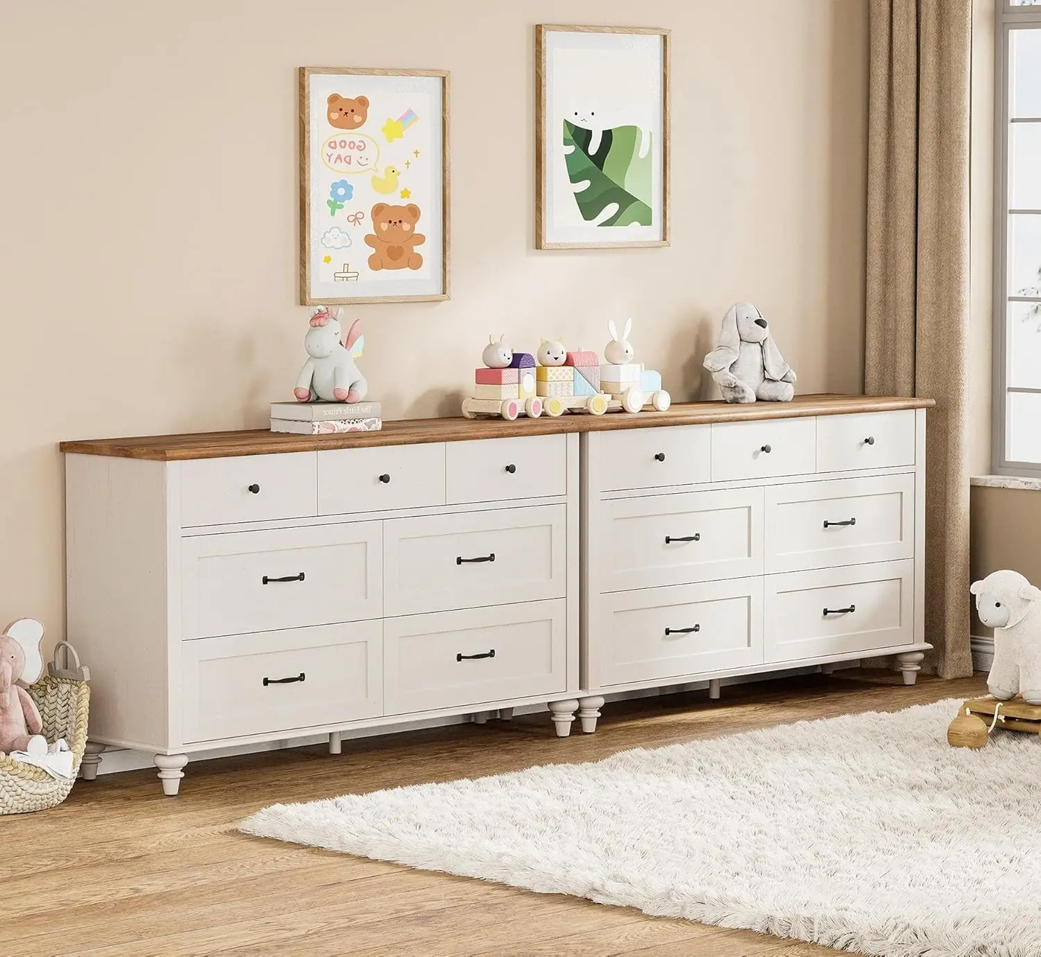 

White Dresser Set with 14 Drawers for Bedroom, 2-in-1 Kids Dresser for Nursery Kids Room, Mid Century Modern Chests, Customized
