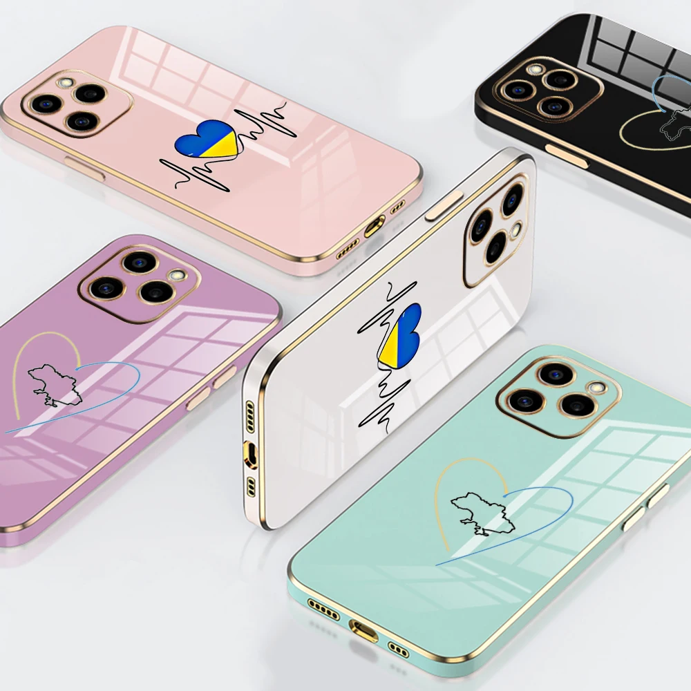 Luxury Plating TPU Soft Phone Case for iPhone 15 14 13 12 11 Pro Max 6s 7 8 Plus SE XR Xs Cover SS100 Ukraine Love Heart