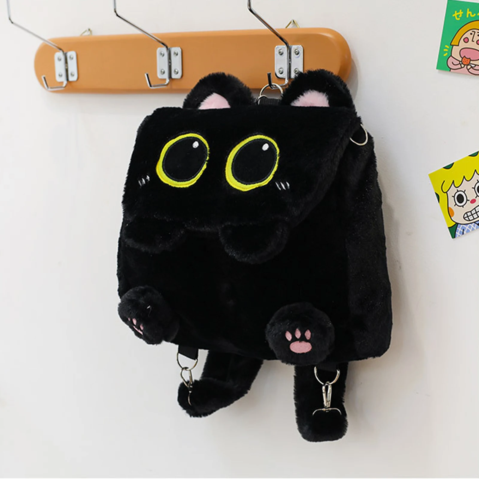 Mochila de Pelúcia Gato Preto para Meninas, Design de Gatinho Fofo, Grande Capacidade, Leve, para Estudantes, Viagens e Uso Diário