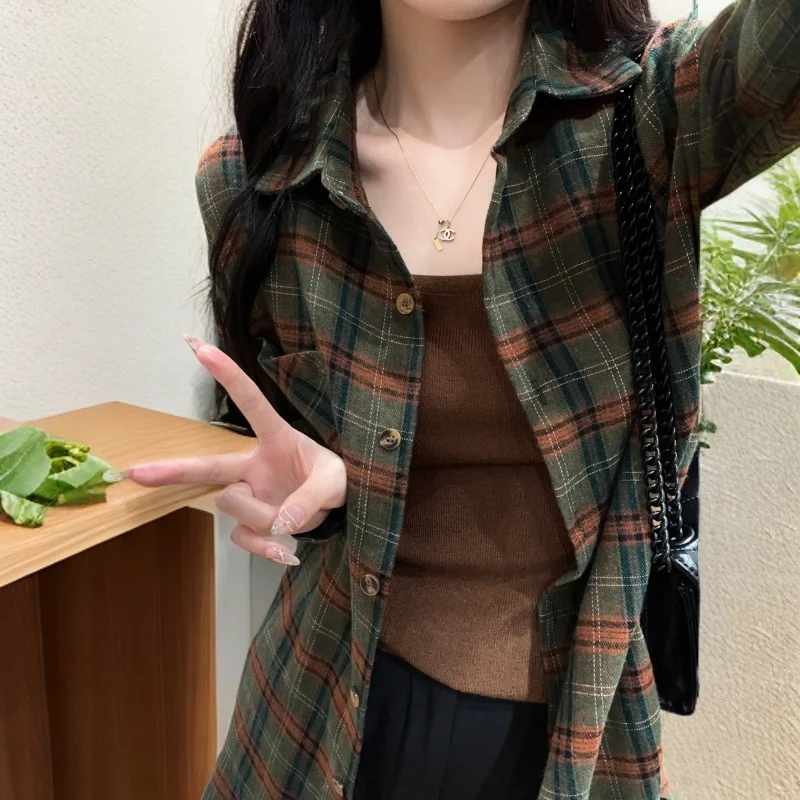 

Осенние женские рубашки в клетку в стиле ретро, блузка с длинными рукавами, свободная корейская женская одежда, элегантная женская одежда, топ, популярная женская одежда