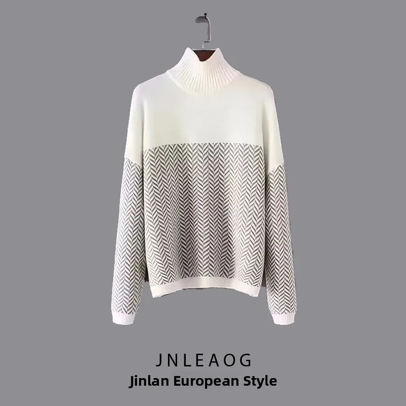 

Faionable High Collar Wave Color Blo Camere Sweater Street Sle Straight Cut Long Sve round Ne Regular Length Winter