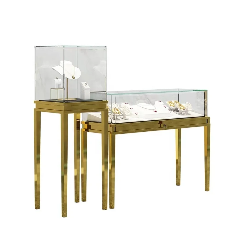 2025customized luxury jewelry display tables custom metal glass jewelry showcase shop