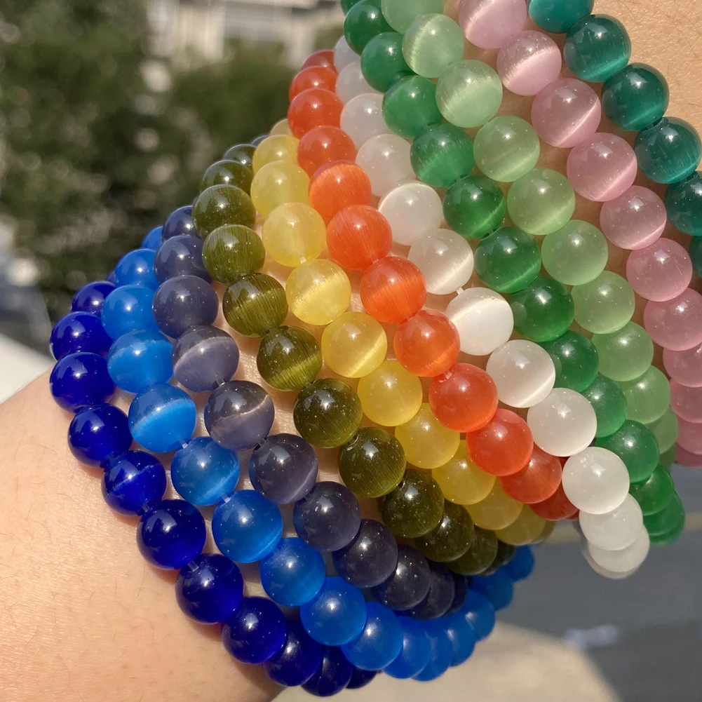 4/6/8/10mm Natural Stone Beads White Colorful Cat Eye Round Loose Spacer Beads for Jewelry Making DIY Bracelet Accessories 15‘’