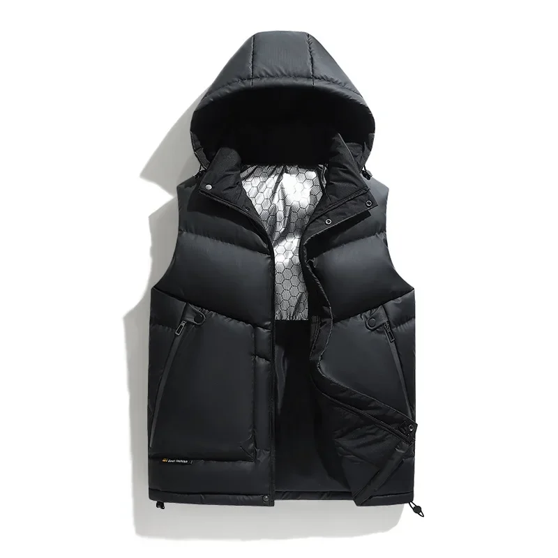 

2025 Men Zipper Down Jacket Sleeveless Pockets Cardigan Loose Fit Autumn Winter Casual Slight Strech Solid Hooded Down Coats