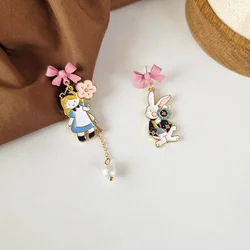 Cartoon Princess Alice In Wonderland Rabbit Earrings Sweet Cute Asymmetric Pink Bow Flower Rabbit Drop Earring for Women Girls