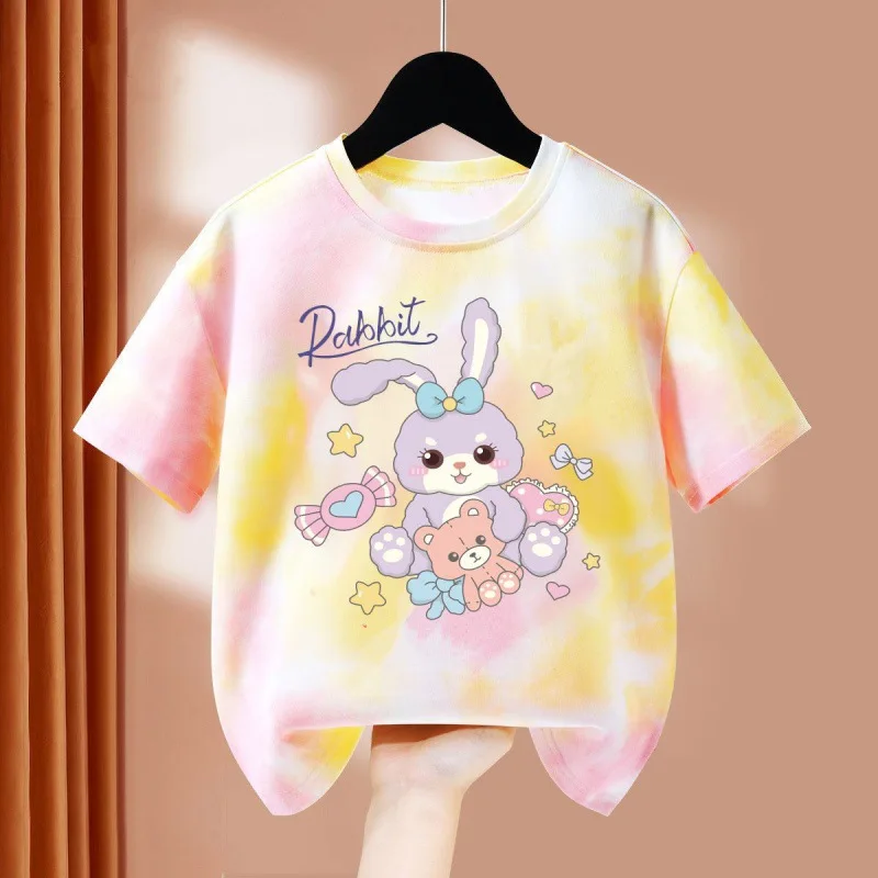 Girls Summer Short-sleeved T-shirt 2024 New Style Children's Style Tie-dye Top Half-sleeved Versatile T-shirt for Older Girls