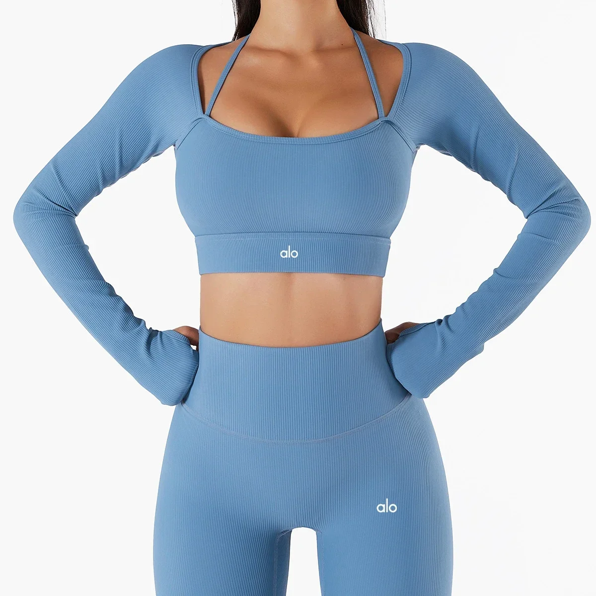 alo Hanging neck long-sleeved tight fitness clothing Slim thin outdoor sports long-sleeved yoga clothing