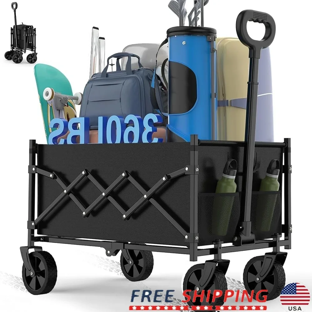 

Collapsible Wagon Cart Lightweight Portable All Terrain Utility Cart 360lbs Capacity Foldable with 2 Cup Holders Camping Beach