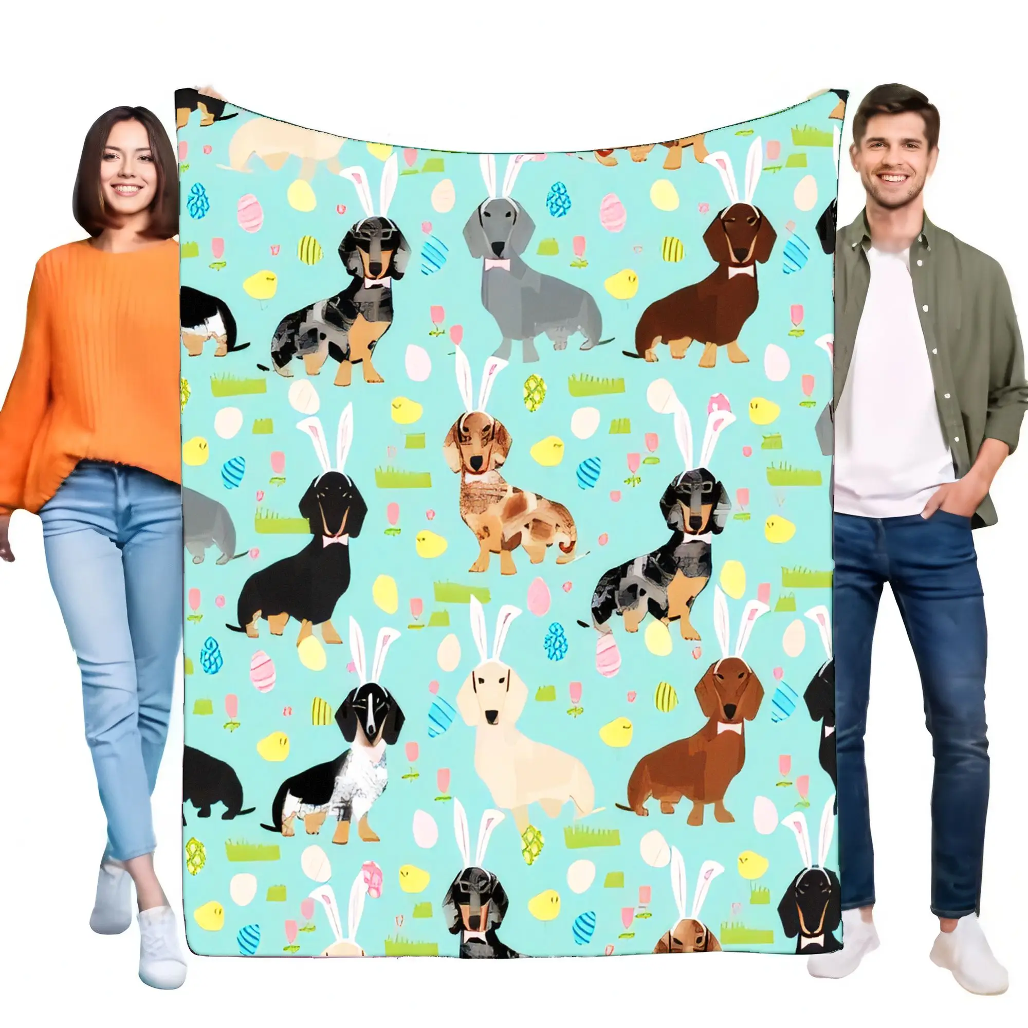 Cute Easter Dachshund Blanket - Wiener Dog with Bunny Ears & Eggs, Soft Cozy Lightweight Fleece Throw for Bed Sofa, Pet Lover Gi
