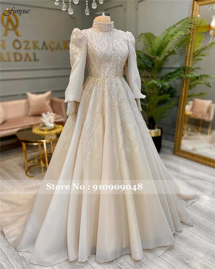 Funyue Luxury Dubai Muslim High Neck Wedding Dresses For Woman Beige Puff Sleeve Sparkly Beads Arabic Wedding Party Gowns 2025