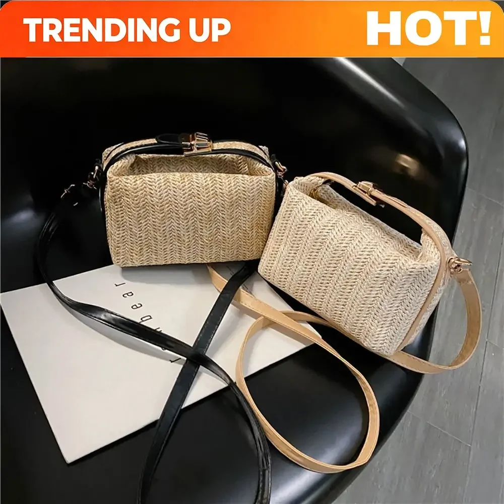 Fashion with Hardware Lock Crossbody Bag Trendy Large Capacity Simple Straw Handbag Soft Handle Beach Bag Women Girl