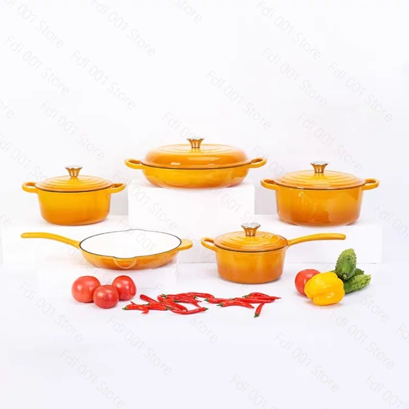 Enameled Cast Iron Cookware Set 7-Piece Oven Skillet Frying Pan Saucepan Multipurpose Kitchen Pot