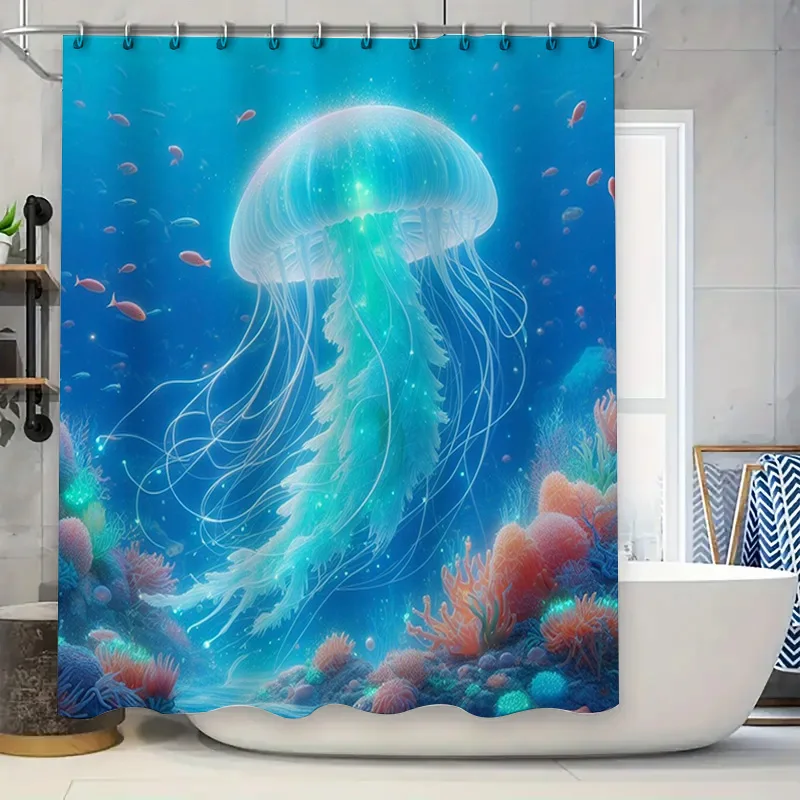 

Oceanic Jellyfish Shower Curtain Blue Marine Life Print for Bathroom Decorations