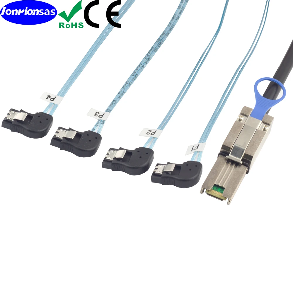 Mini SAS HD SFF-8088 26P macho a 4 SATA 7Pin hembra Cable de ángulo recto