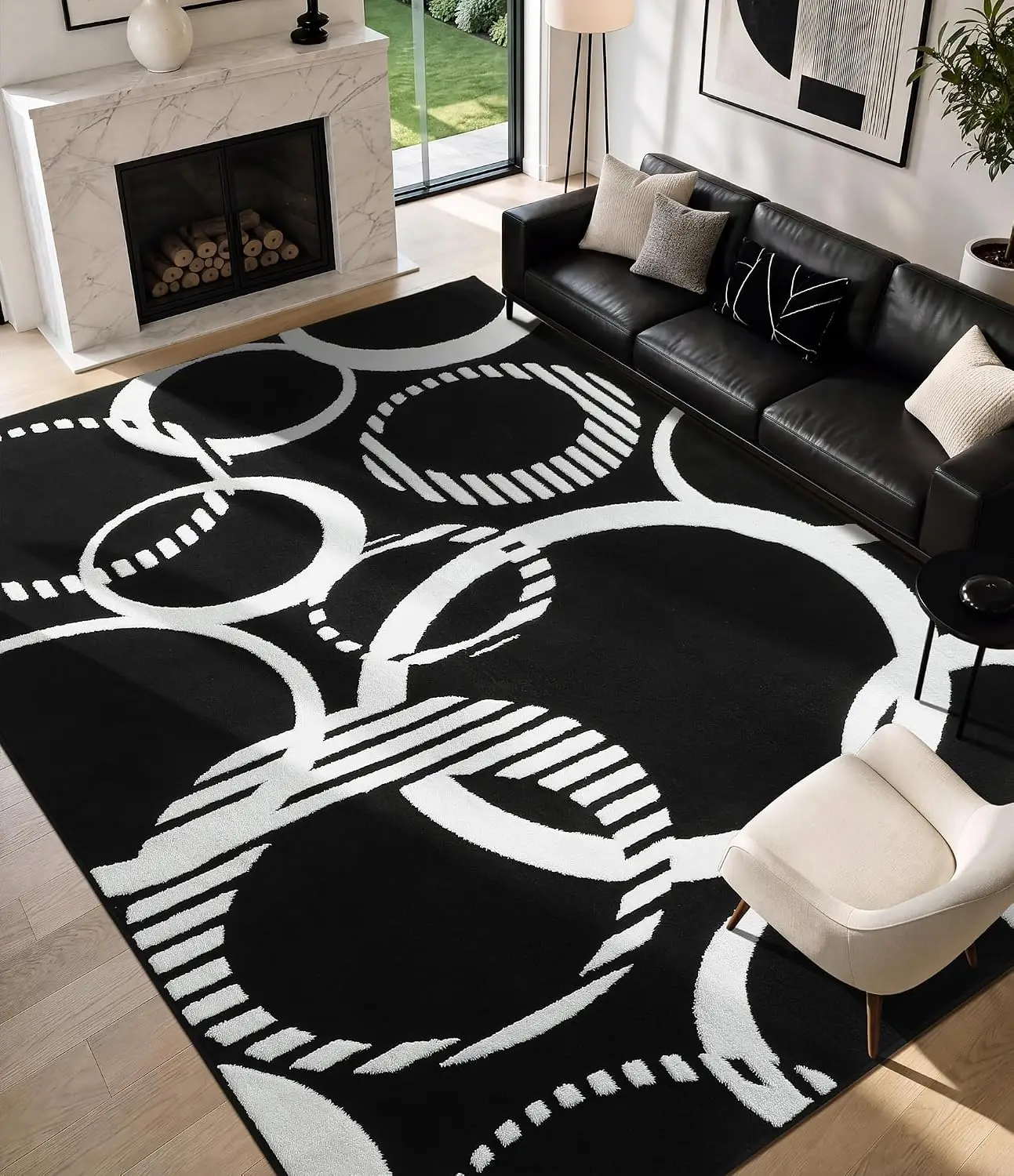 1pc 2D Flat Black Background White Striped Rings Printed Floor Mat, Decorative Rug for Living Room, Bedroom, Office, Home Decor